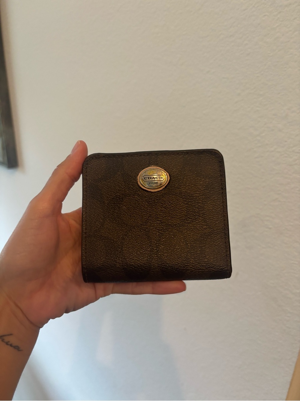 Coach Brown Leather Money Clip with Gold Logo Plaque